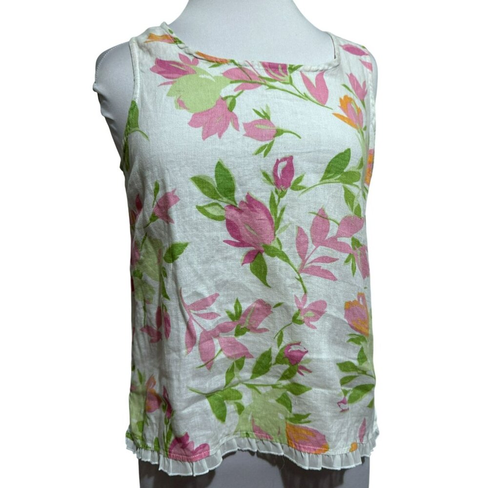 Cotton Connection Vtg Linen Floral Sleeveless Blouse Top Sz S Ruffle Trim Girly